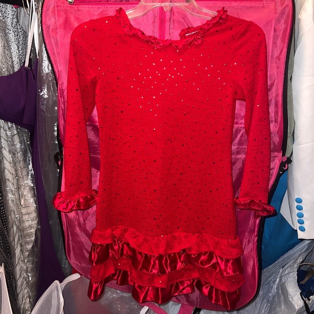 Red sparkly ruffled long sleeve dress